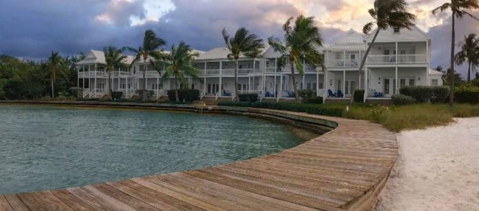 Beachfront resort with wooden boardwalk and palm trees by the water. Beachfront resort with wooden boardwalk and palm trees by the water.