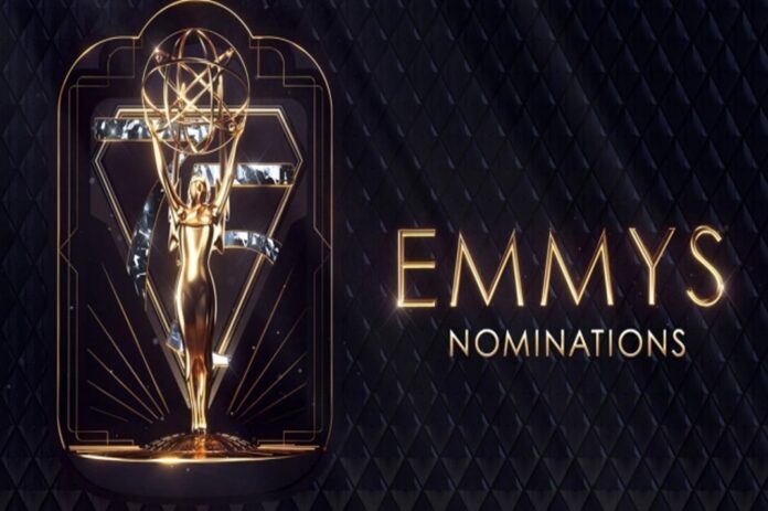 Golden Emmy Award statue with 'EMMY NOMINATIONS' text on a dark background. Golden Emmy Award statue with 'EMMY NOMINATIONS' text on a dark background.