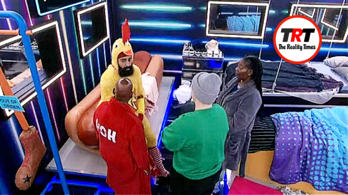 Four people in colorful outfits converse in a modern room with neon lights. Four people in colorful outfits converse in a modern room with neon lights.