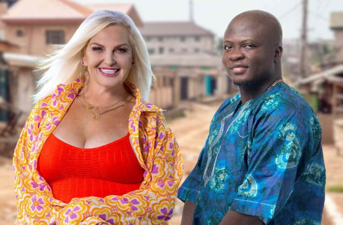 A smiling blonde woman and a man in colorful attire at an outdoor location. A smiling blonde woman and a man in colorful attire at an outdoor location.