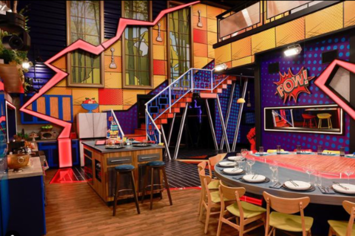 Colorful, modern restaurant interior with geometric designs and vibrant accents. Colorful, modern restaurant interior with geometric designs and vibrant accents.
