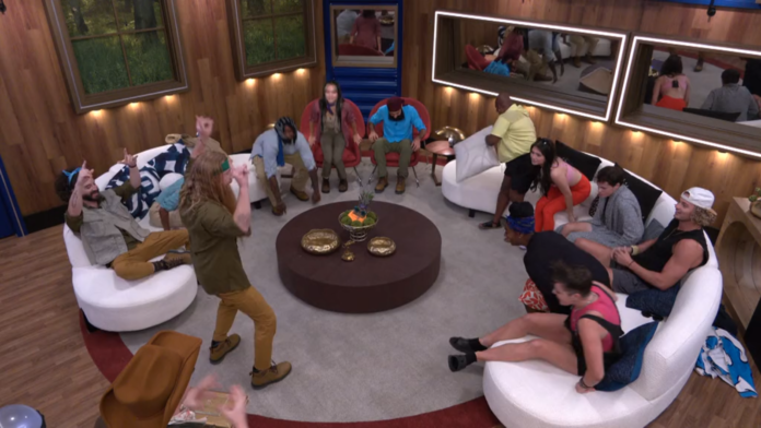 Contestants gather in a living room for a discussion on a reality TV show. Contestants gather in a living room for a discussion on a reality TV show.