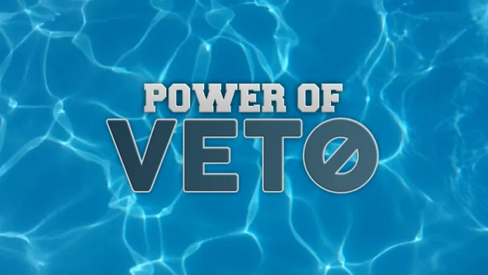 Text 'POWER OF VETO' over a blue water background. Text 'POWER OF VETO' over a blue water background.