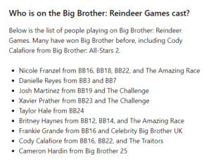 Reindeer Games ( Big Brother) SPOILER ALERT See The Cast Reveal?!