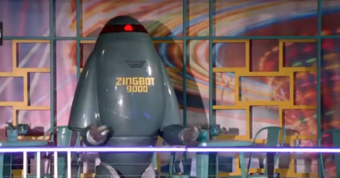 A retro robot named Zingbot 3000 on a colorful stage. A retro robot named Zingbot 3000 on a colorful stage.