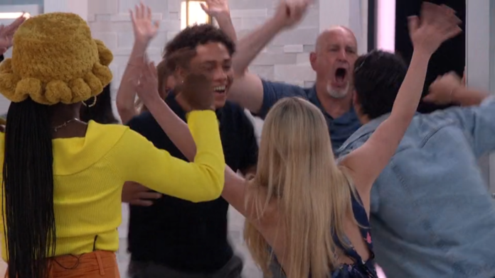 Group of excited people celebrating with raised hands indoors. Group of excited people celebrating with raised hands indoors.