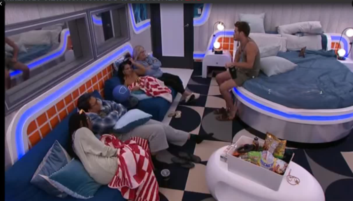 Group relaxing in a colorful, retro-styled room. Group relaxing in a colorful, retro-styled room.