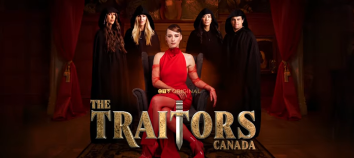 Contestants from The Traitors Canada posing dramatically in dark attire with a red-dressed lead. Contestants from The Traitors Canada posing dramatically in dark attire with a red-dressed lead.