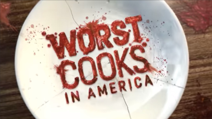 Logo of the reality TV show Worst Cooks in America with blood splatter design. Logo of the reality TV show Worst Cooks in America with blood splatter design.