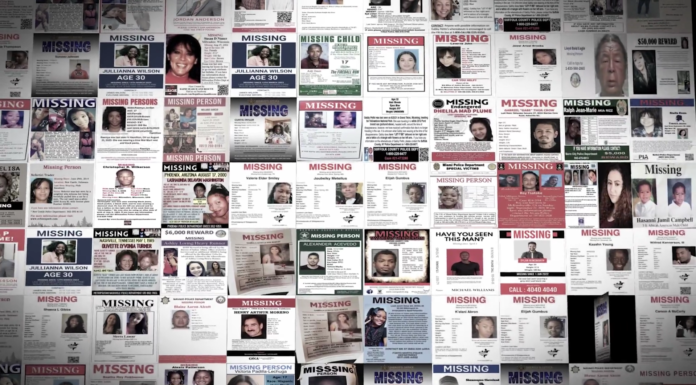 A collage of missing person posters with various photos and details. A collage of missing person posters with various photos and details.