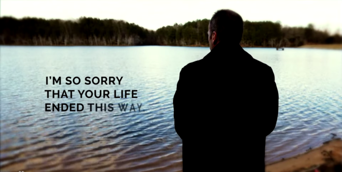 Man contemplatively looking over a lake with an apology text. Man contemplatively looking over a lake with an apology text.