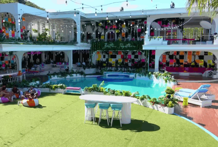 Colorful outdoor pool area with vibrant decorations and seating. Colorful outdoor pool area with vibrant decorations and seating.