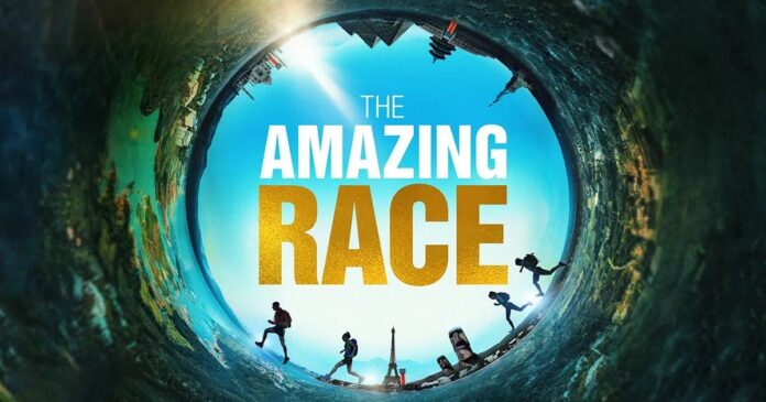 Logo for The Amazing Race TV show with contestants around a globe. Logo for The Amazing Race TV show with contestants around a globe.