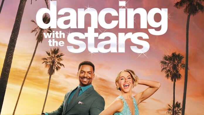 A joyful duo poses for Dancing with the Stars against a sunset backdrop. A joyful duo poses for Dancing with the Stars against a sunset backdrop.