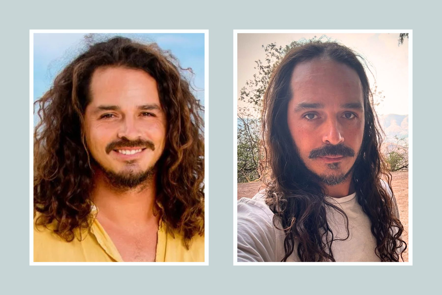 Side-by-side photos of a man with long hair and a beard, smiling and serious.