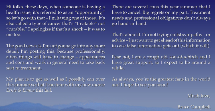 Bruce Campbell star of "The Evil Dead" Announced He Has Cancer